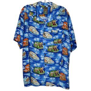 Pineapple Connection Large Hawaiian Cars Palm Trees Blue Short Sleeve Shirt